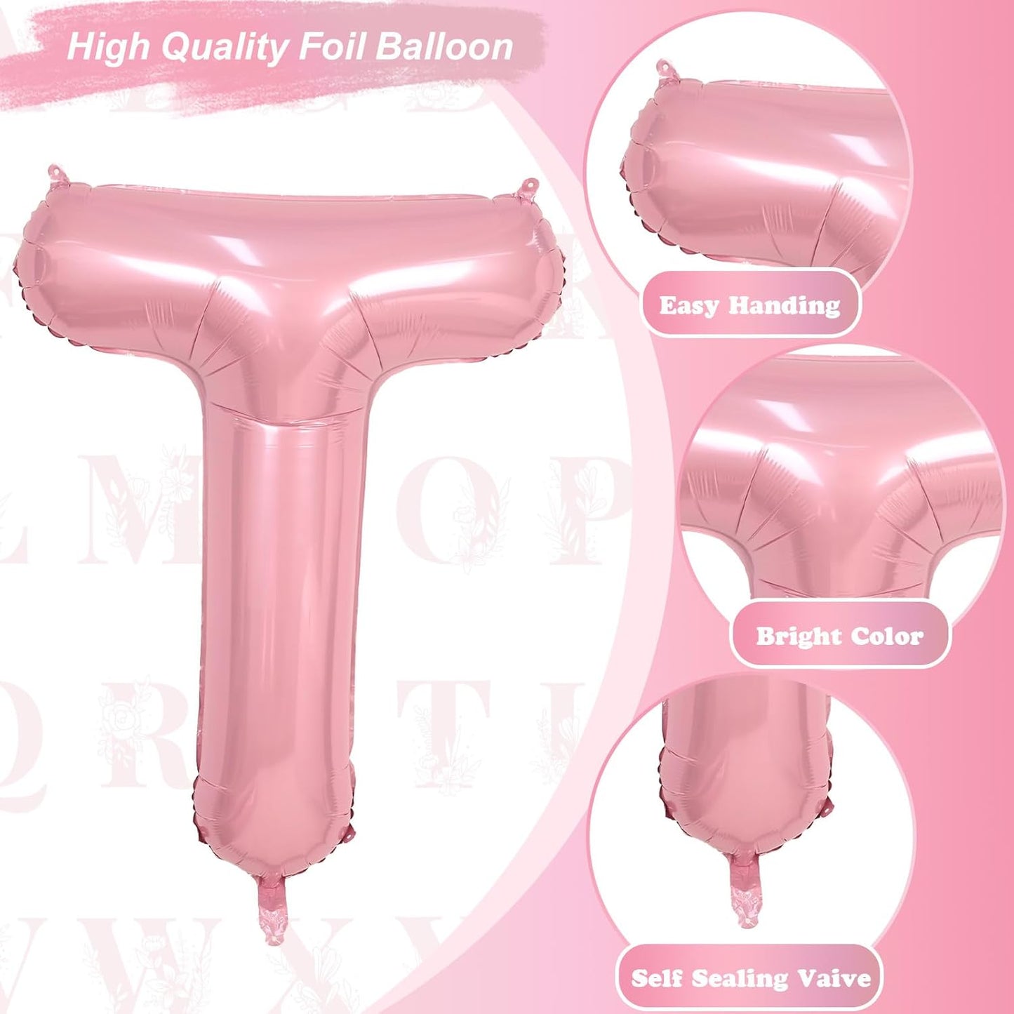 Skiennix Large Mylar Helium Balloon Letter T - Pastel Pink 40" Inflatable Foil for Girls' Birthday Decor