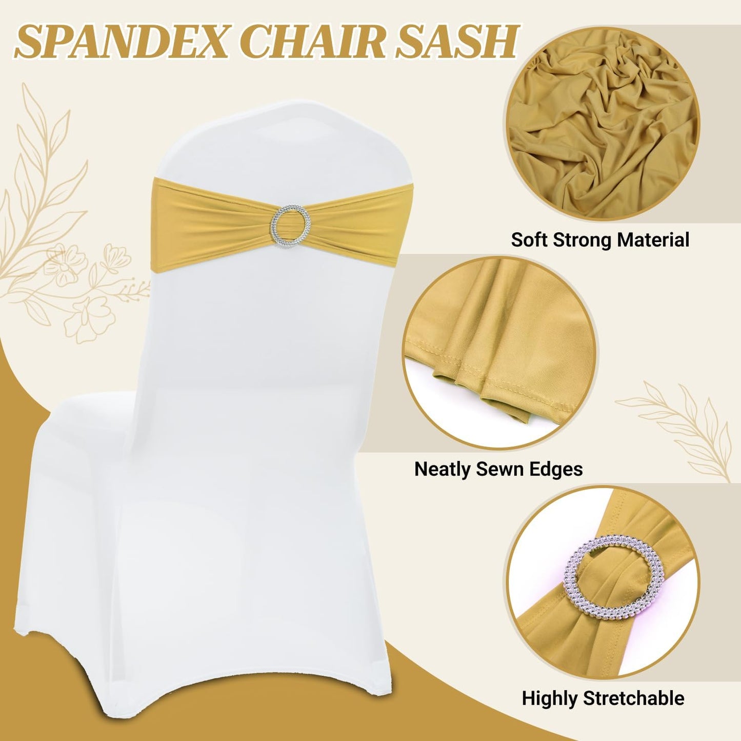 MDS Spandex Chair Sashes Bows - Universal Elastic Stretch Ties with Buckle Slider | Gold, Pack of 200
