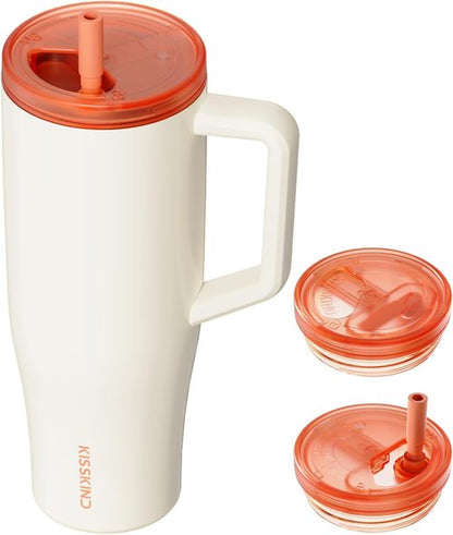 KISSKIND 40 oz Lumispin Tumbler - Insulated, 100% Leak Proof Water Cup with Handle | Velvety Cream