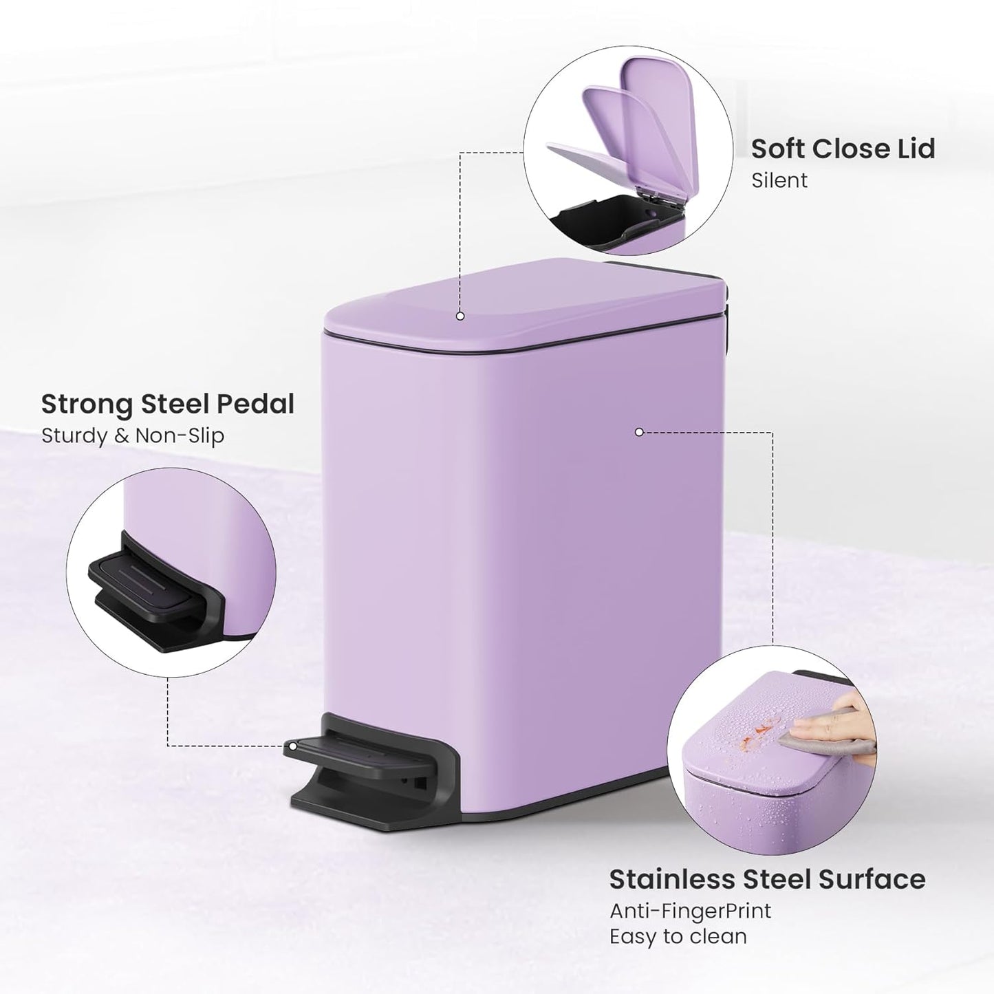 Cesun Small Bathroom Trash Can - Soft Close Lid & Step Pedal, 6L Stainless Steel | Anti-Fingerprint Finish (Purple)