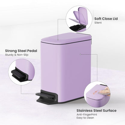 Cesun Small Bathroom Trash Can - Soft Close Lid & Step Pedal, 6L Stainless Steel | Anti-Fingerprint Finish (Purple)