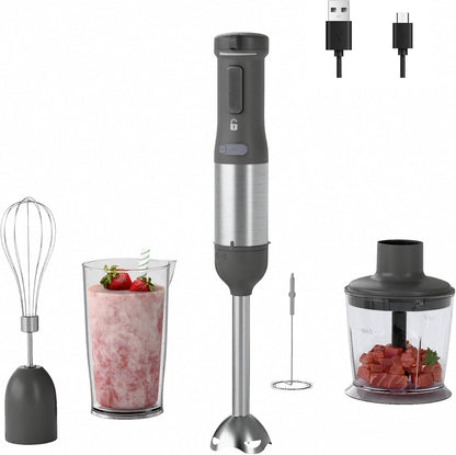 Skiennix Cordless Immersion Hand Blender - 5-in-1 Variable Speed, Rechargeable 2000mAh Battery, BPA-Free Accessories | Grey