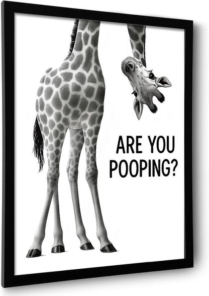 Funny Giraffe Bathroom Wall Art - 'Are You Pooping?' 8x10" Black & White Framed Print | Quirky Toilet Humor Décor
