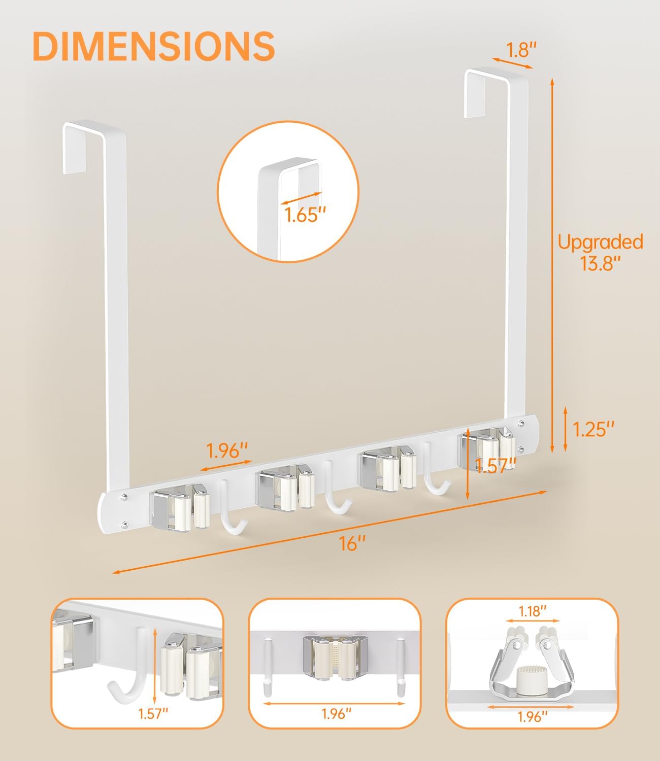 Skiennix Broom Holder - Wall-Mounted 304 Stainless Steel Organizer with Hooks | Over The Door, White