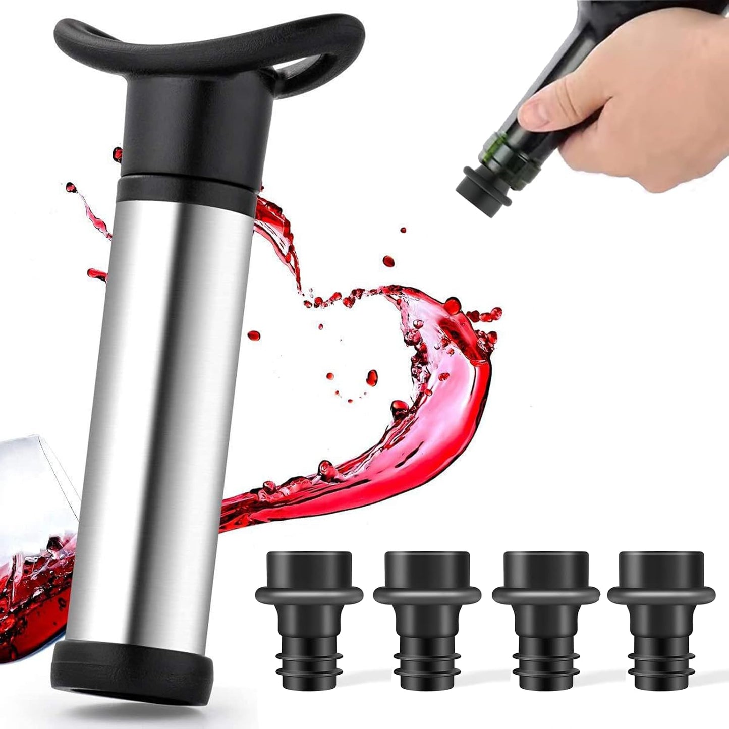 Wine Pump with 4 Vacuum Wine Stoppers Silicone Wine Bottle Stoppers, Leak proof,Keep Fresh, Healthy Material, Easy to use, Suitable for Most Wine Bottles (Wine Pump + 4 stoppers)