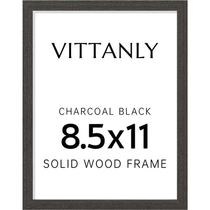 Vittanly 8.5x11 Picture Frame, Solid Wood Frame with Plexiglass, Includes 6x8 Mat, Wall Hanging or Tabletop for Photos, Home Decor, Charcoal Black, 1 Pack