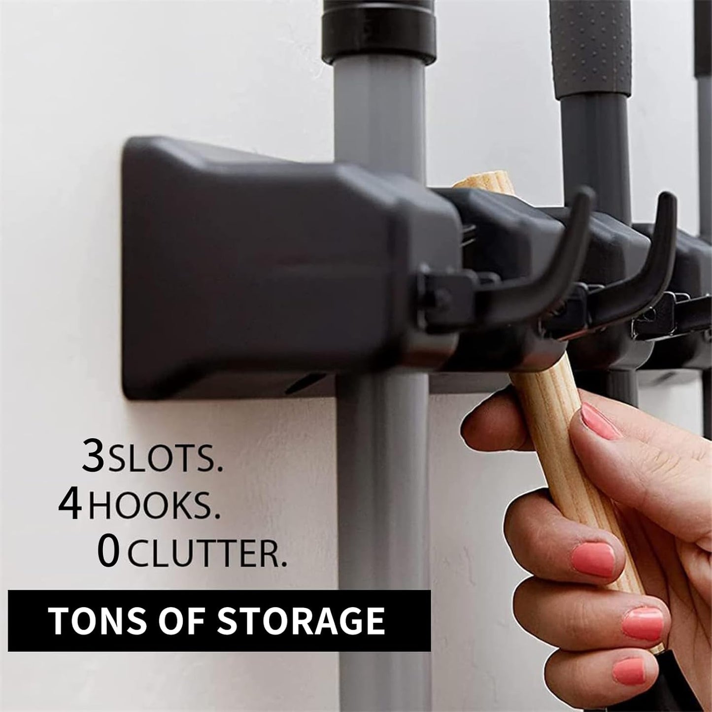 Wall-Mounted Broom and Mop Holder by [Brand Name] - 3 Slots & 4 Hooks Organizer for Home, Garage, and Garden