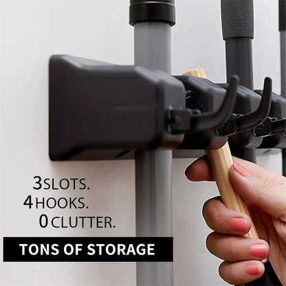 Wall-Mounted Broom and Mop Holder by [Brand Name] - 3 Slots & 4 Hooks Organizer for Home, Garage, and Garden