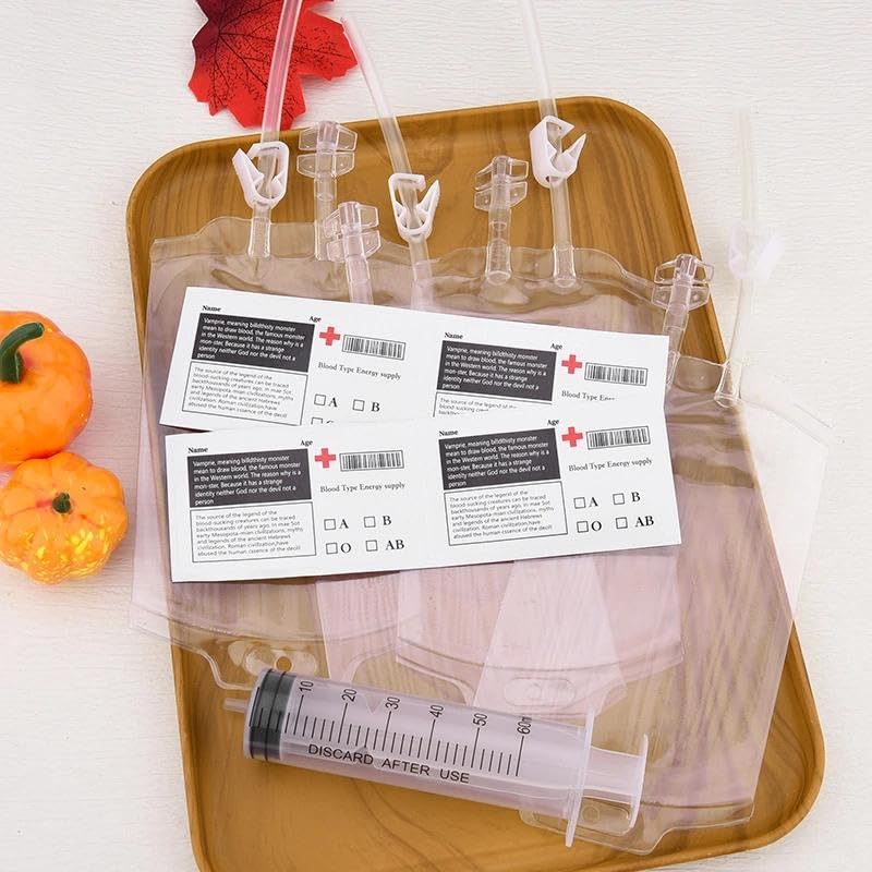 Halloween Blood Bags for Drinks 4 Pack with Syringe & Clips Set