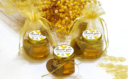 Small Honey Jar, Mini Honey Jars with Dipper, Glass Honey Pot Baby Shower Favors, Party Favors & Wedding Favors, Hexagon Honey Container w/ Lid, Bee Charms, Fabric Ribbons and Bags, 60 Pack 1.5oz