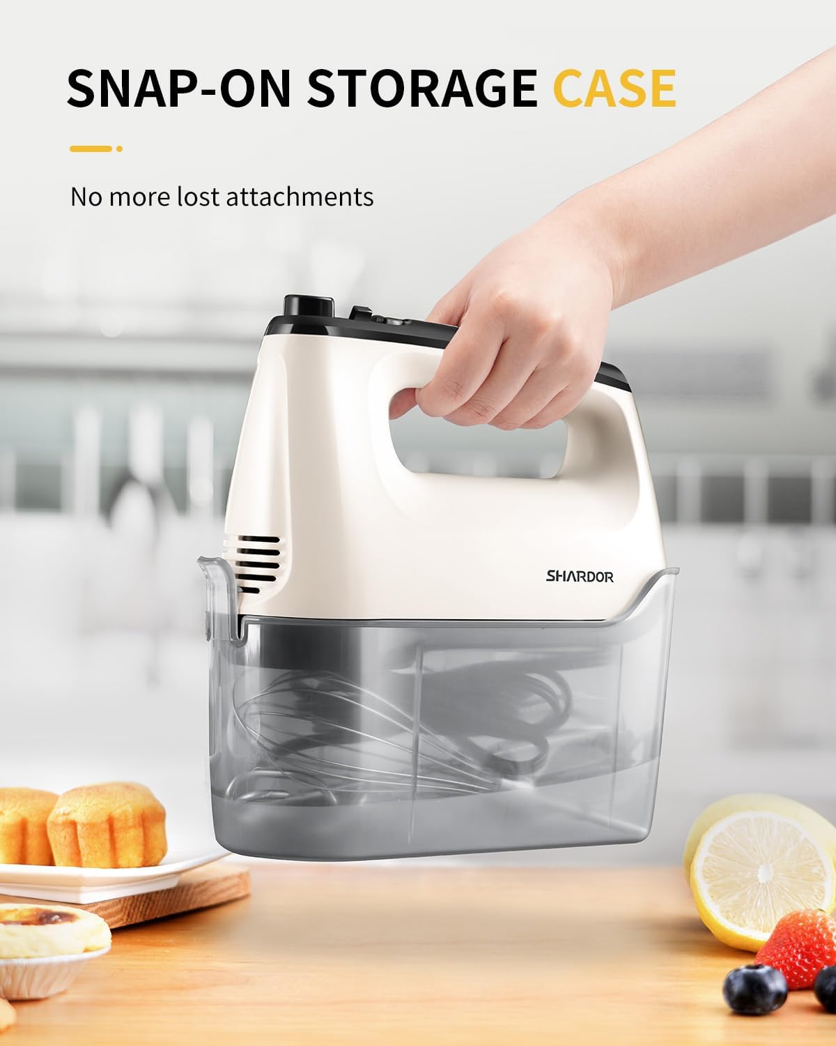 SHARDOR Electric Hand Mixer - 6 Speed Turbo with Snap-On Storage Case & 5 Stainless Steel Attachments - White