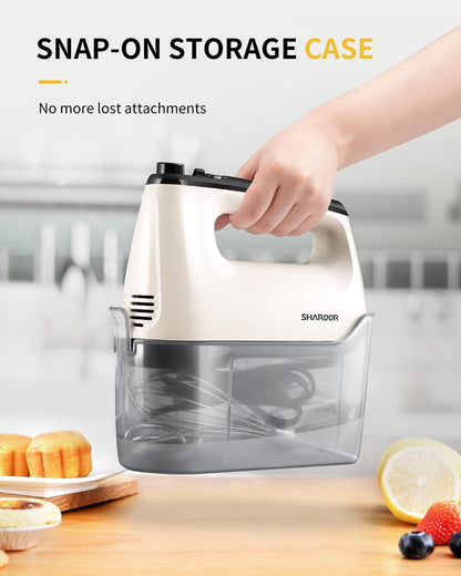 SHARDOR Electric Hand Mixer - 6 Speed Turbo with Snap-On Storage Case & 5 Stainless Steel Attachments - White