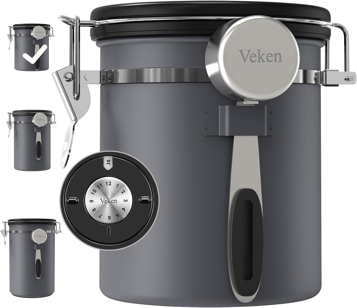 Veken Airtight Coffee Canister - Stainless Steel Food Storage Container with Date Tracker & Scoop | 16oz Gray