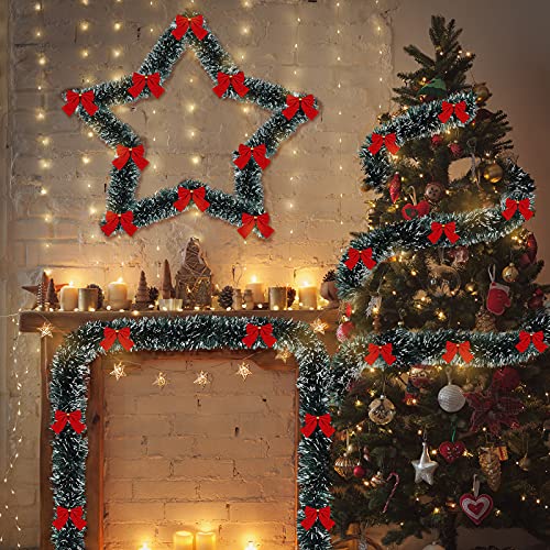 Christmas Tinsel Garland with Red Bows - Bow Style, 19.7 Feet