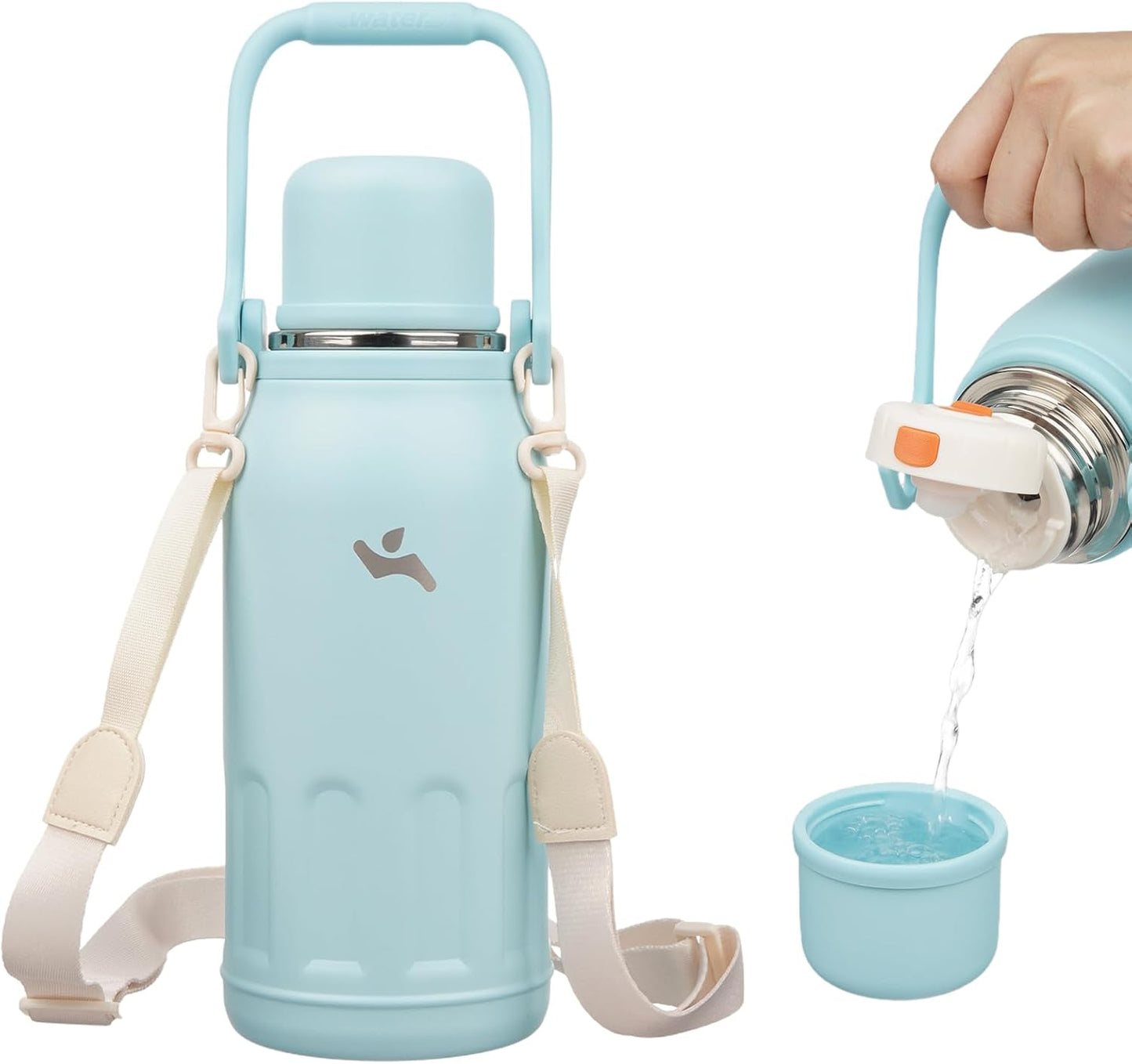 Skiennix Insulated Water Bottle - 40 Oz Vacuum Travel Tumbler with Handle & Strap | Cyan Blue