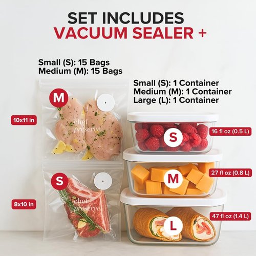 Chef Preserve Compact Vacuum Sealer - Powerful Handheld Food Sealer with 3 Glass Containers & 30 Bags