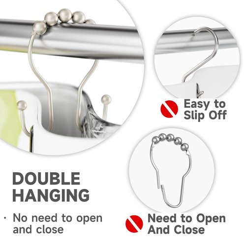 Bathway Shower Curtain Hooks Rust Proof Shower Curtain Rings, Smooth Glide Double Hook Shower Curtain Hooks,Shower Hooks for Shower Curtain Matte Nickel Shower Rod Hooks Shower Curtain Hangers 12Pcs