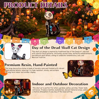 Large Día de Los Muertos Skeleton Cat Statue Halloween Garden Decor