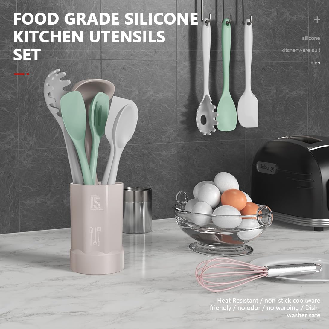 Silicone Cooking Utensils Set - 446°F Heat Resistant Silicone Kitchen Utensils,Spatula Set,Spoon, Basic Kitchen Utensil Sets Gadgets Tools for Nonstick Cookware,Dishwasher Safe BPA FREE (Multicolor)