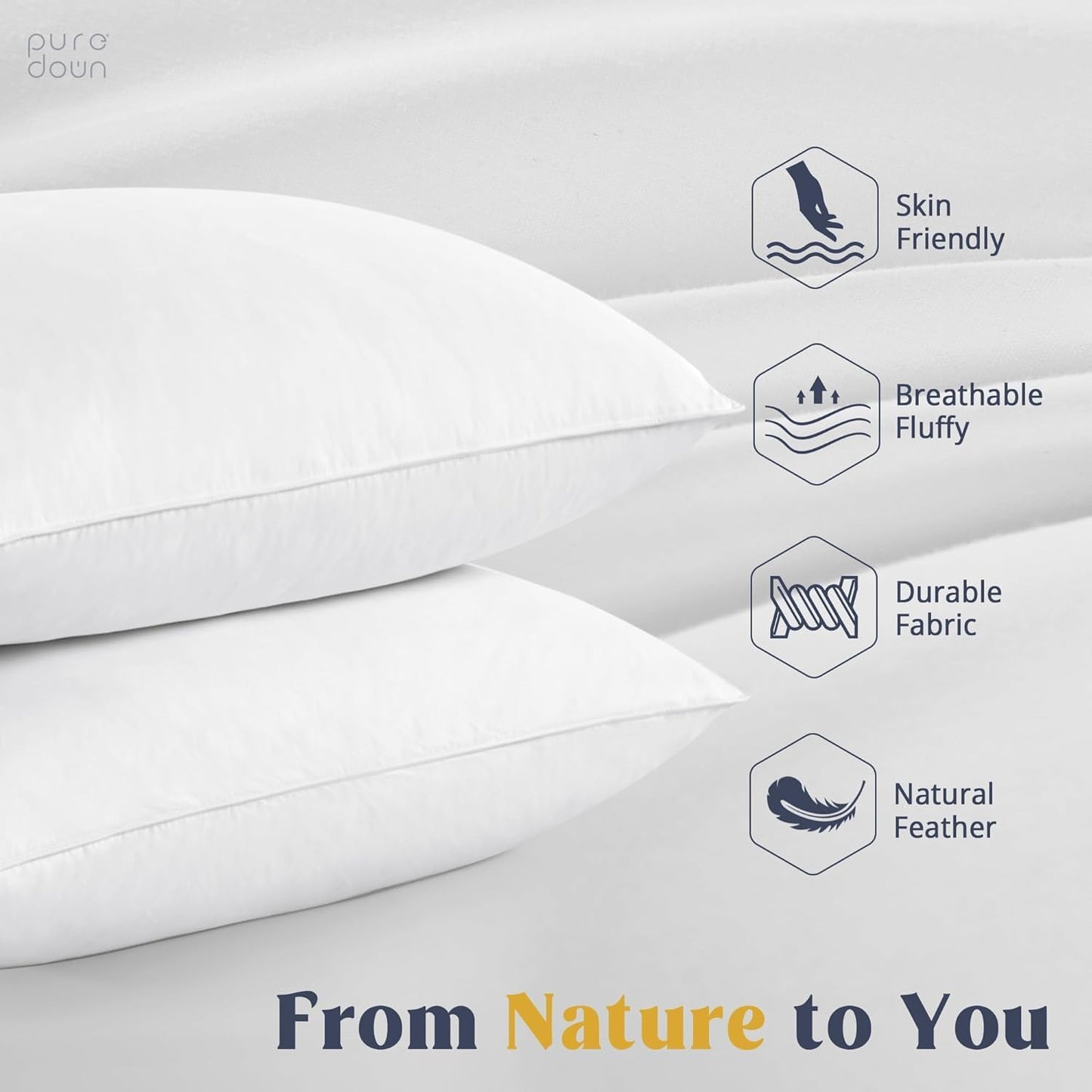 Puredown® Goose Feather & Down Pillows - 100% Cotton Cover, Set of 2, Standard Size for Ultimate Comfort
