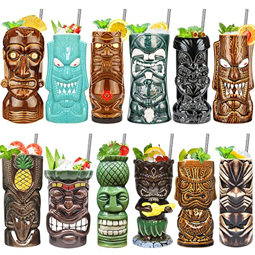 Set of 12 Ceramic Tiki Mugs for Cocktails Hawaiian Party Drinkware
