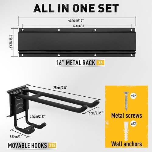 ELEAD Heavy Duty Garage Tool Organizer - 18-Pairs Wall Mount Hooks | 96 Inches, 1460 lbs Capacity for Garden & Shed