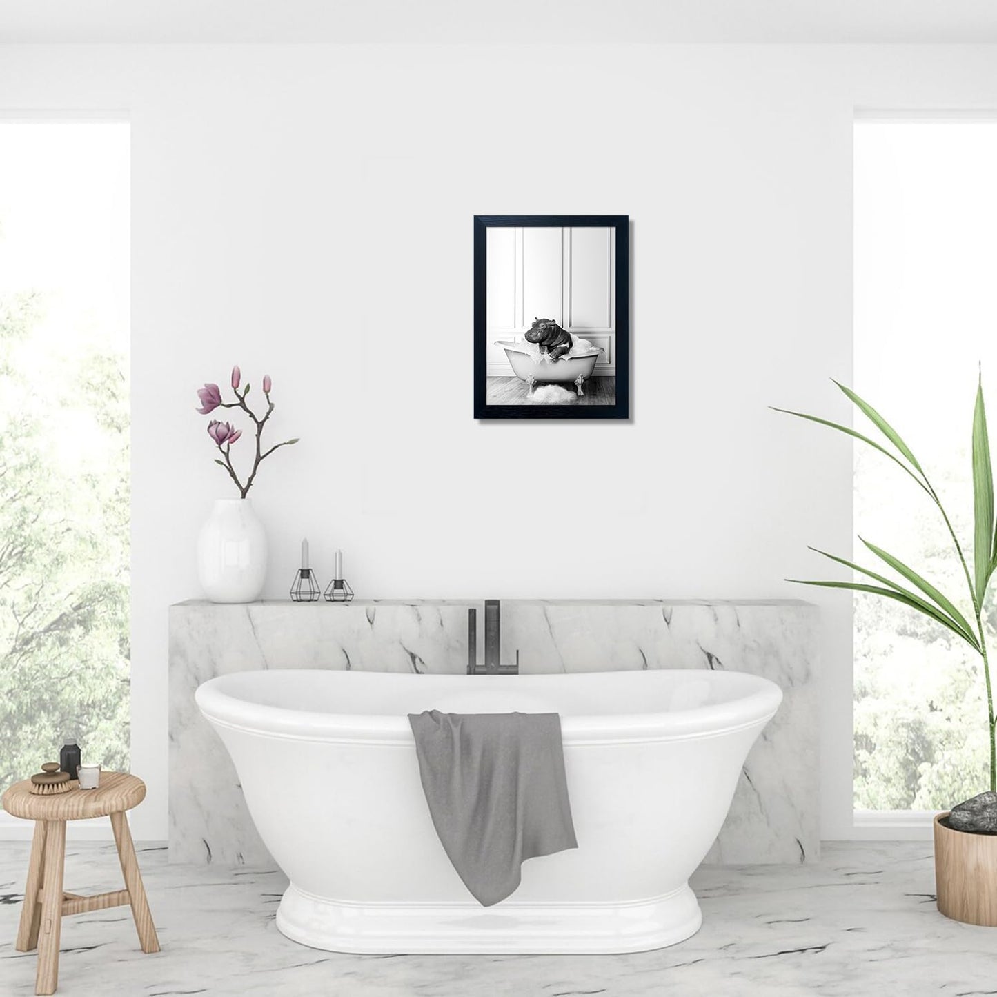 Skiennix Framed Bathroom Decor - Cute Black and White Hippo in Bathtub Canvas Print | Wall Art for Home