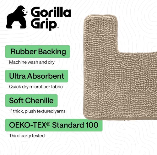 Gorilla Grip Plush Chenille Bath Rug Mat - Soft, Absorbent, Machine Washable | Gray Beige, Toilet Base Fit