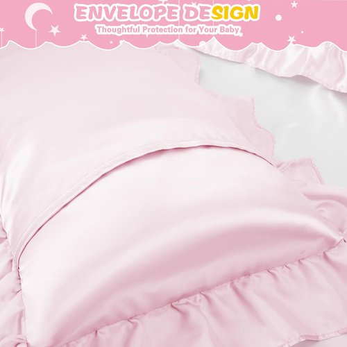 Entisn Ruffle Satin Toddler Pillowcase Set of 2, 13 x 18 Inch Toddler Silky Pillow Covers with Envelope Closure, Anti Wrinkle Soft Travel Pillow Case Nursery Pillow Sham for Girls, Boys (Baby Pink)