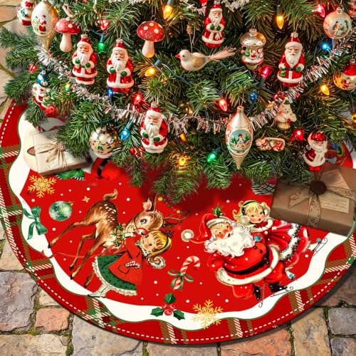 Vintage Christmas Tree Skirt with Santa and Retro Design, 48 Inch