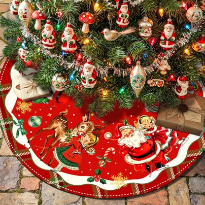 Vintage Christmas Tree Skirt with Santa and Retro Design, 48 Inch