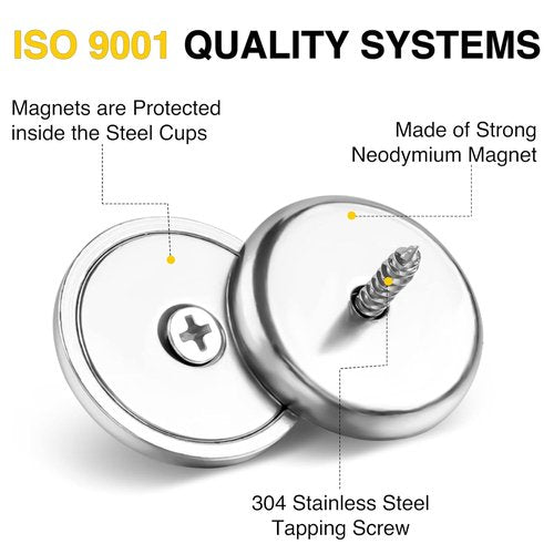 DIYMAG Strong Neodymium Magnets - 8 Pack 110LBS Silver Round Cup with Countersunk Hole & Screws | Magnetic Base for Office & Wall Mounting