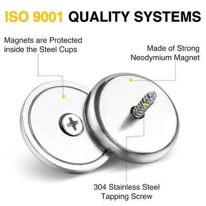 DIYMAG Strong Neodymium Magnets - 8 Pack 110LBS Silver Round Cup with Countersunk Hole & Screws | Magnetic Base for Office & Wall Mounting