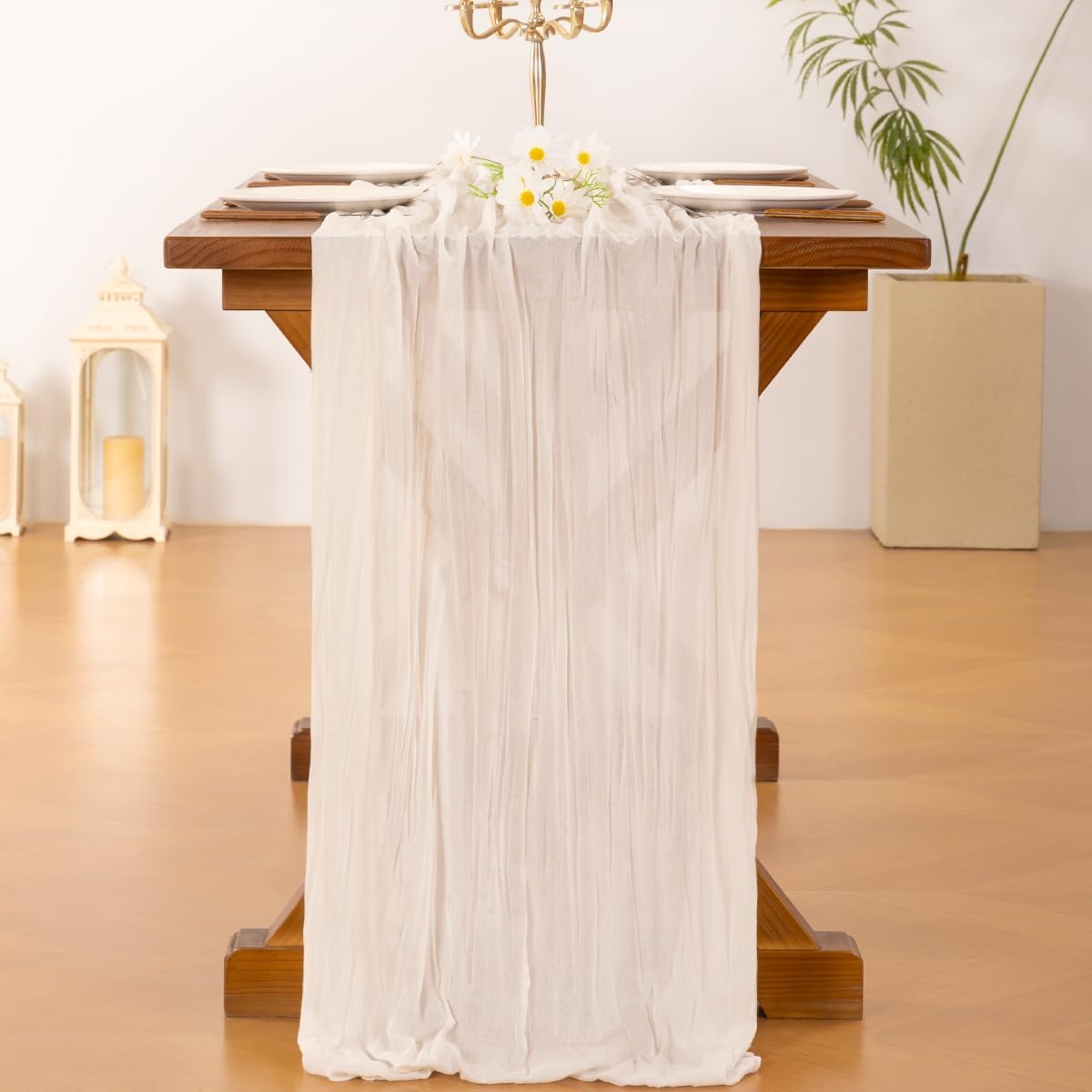 Socomi Ivory White Cheesecloth Table Runner - 120 Inch Rustic Boho Decor for Weddings & Events