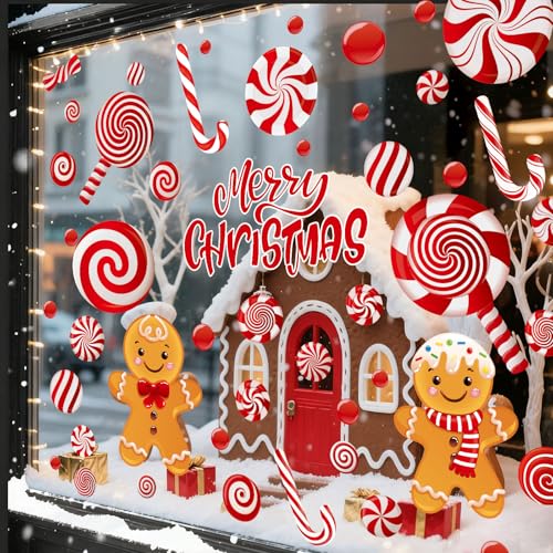 Christmas Window Clings - Reusable Double-Sided Gingerbread Man & Candy Decor - 73Pcs for Holiday Home & Party