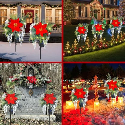 Red Solar Christmas Lights Outdoor Decorations Angel Wings Poinsettia Stakes - Waterproof Garden Pathway Yard Lawn