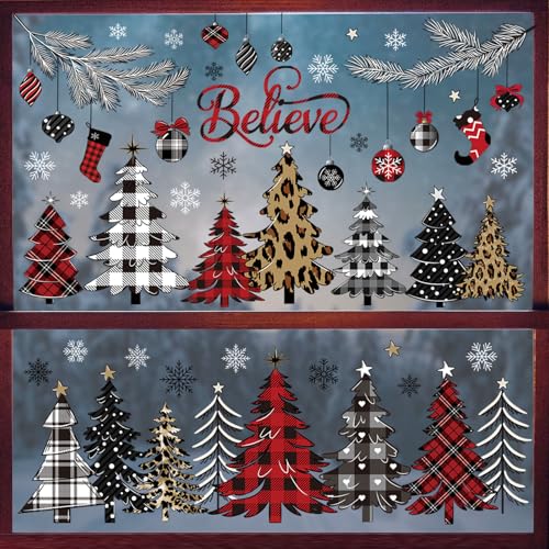 Christmas Window Clings Red Black Plaid Pine Tree Decals - Tree Variation