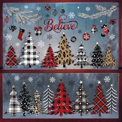 Christmas Window Clings Red Black Plaid Pine Tree Decals - Tree Variation