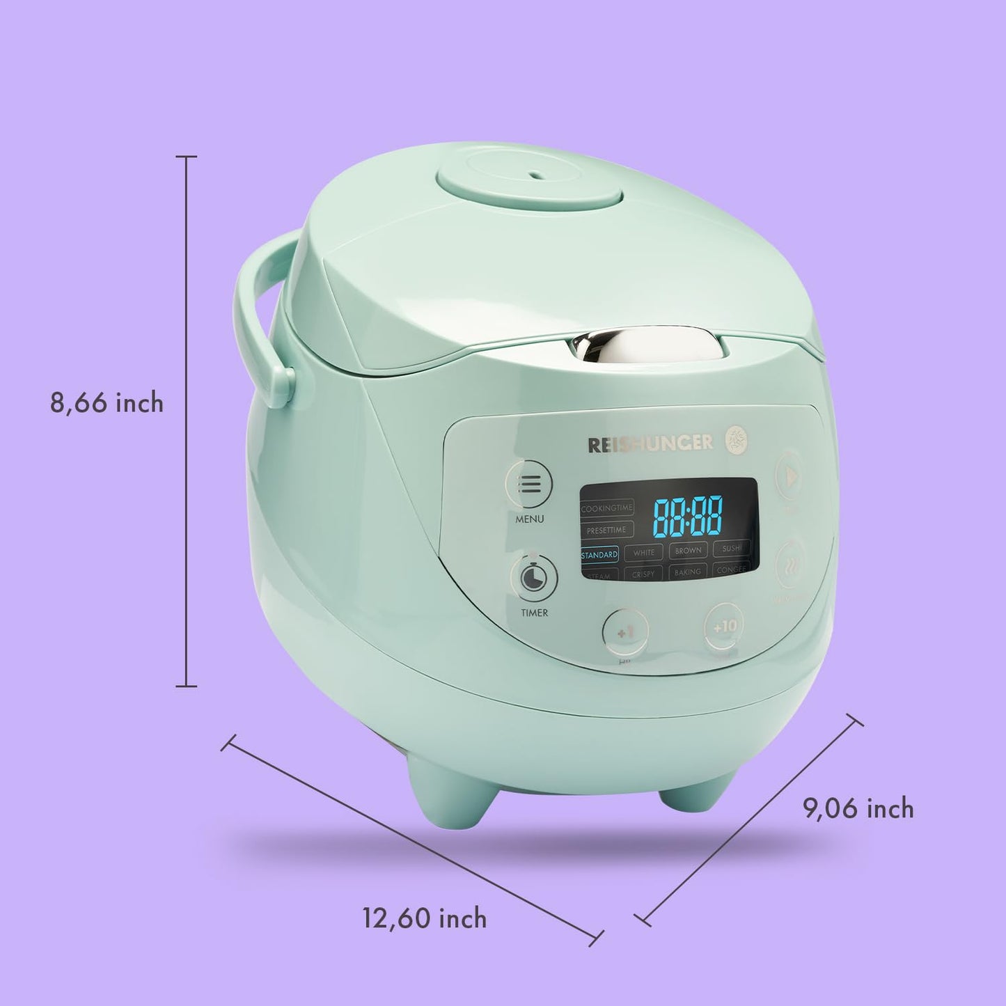 Reishunger Digital Mini Rice Cooker & Steamer, Mint with Keep-Warm Function & Timer - 3.5 Cups - Small Rice Cooker Japanese Style with Ceramic Inner Pot - 8 Programs - 1-3 People