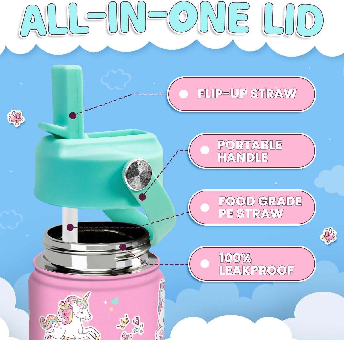 Skiennix Unicorn Water Bottle - 12 Oz Insulated Stainless Steel with Straw Lid | Perfect for Kids