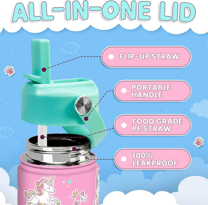 Skiennix Unicorn Water Bottle - 12 Oz Insulated Stainless Steel with Straw Lid | Perfect for Kids