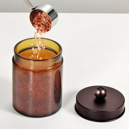Amber Glass Qtip Holder - Apothecary Jar Set with Brown Metal Lid | Bathroom Storage Organizer (3 Pack, Bronze)