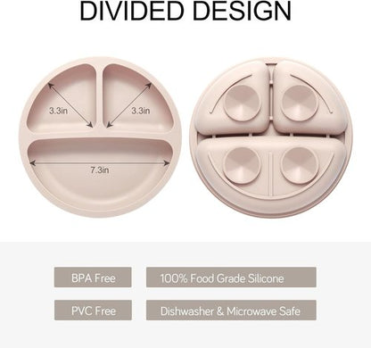 Eascrozn Toddler Plates - 3 Pack Divided Suction Plates | Food-Grade Silicone, BPA-Free, Non-Slip, Microwave & Dishwasher Safe