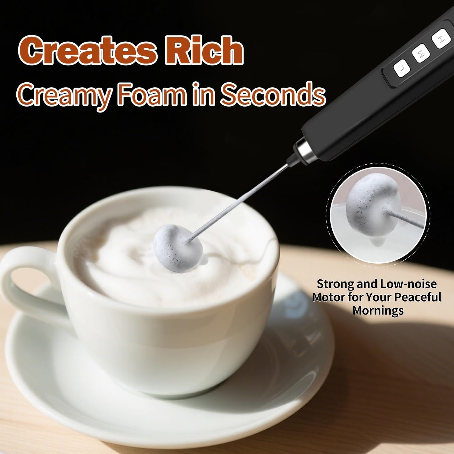 Skiennix Rechargeable Milk Frother - Handheld Drink Mixer with 3 Speed Settings & Detachable Whisks | Perfect for Coffee, Matcha & Protein Shakes
