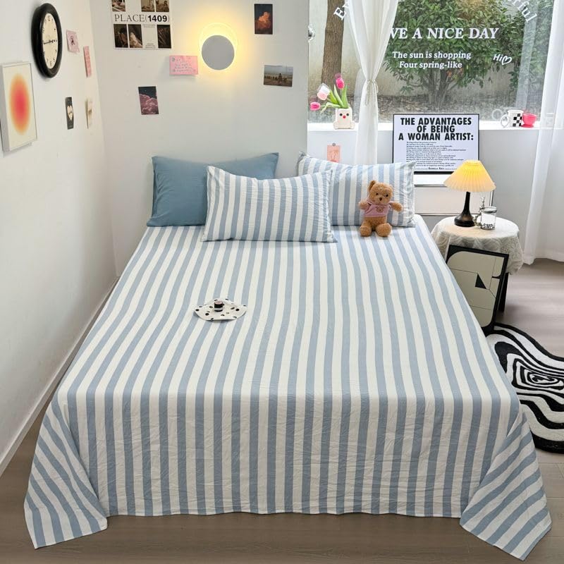 Twin Flat Sheet Only - Soft Yellow White Stripes Bed Sheet - Blue Variant