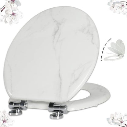 Angel Shield Marble Toilet Seat Durable Molded Wood with Quiet Close,Easy Clean，Quick-Release Hinges (Round,White Marble)