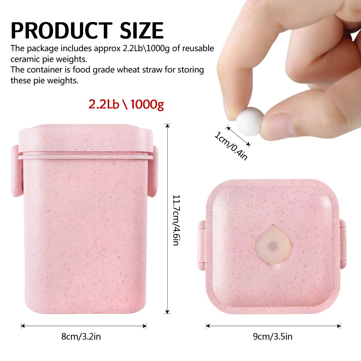 Ceramic Baking Beads Pie Weights Reusable 10mm Natural Pie Beads Ceramic Stoneware with Wheat Straw Container 35 Oz Total (2.2Lb|1000g) (Pink)