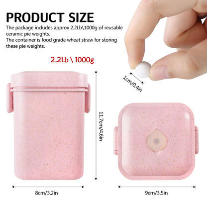 Ceramic Baking Beads Pie Weights Reusable 10mm Natural Pie Beads Ceramic Stoneware with Wheat Straw Container 35 Oz Total (2.2Lb|1000g) (Pink)