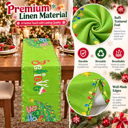Christmas Green Linen Table Runner 13x72 Inch Holiday Decor