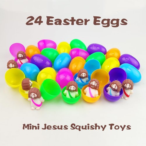 Jofan 24 Pack Plastic Prefilled Easter Eggs - Mini Jesus Mochi Squishy Toys Inside | Perfect for Kids' Easter Baskets